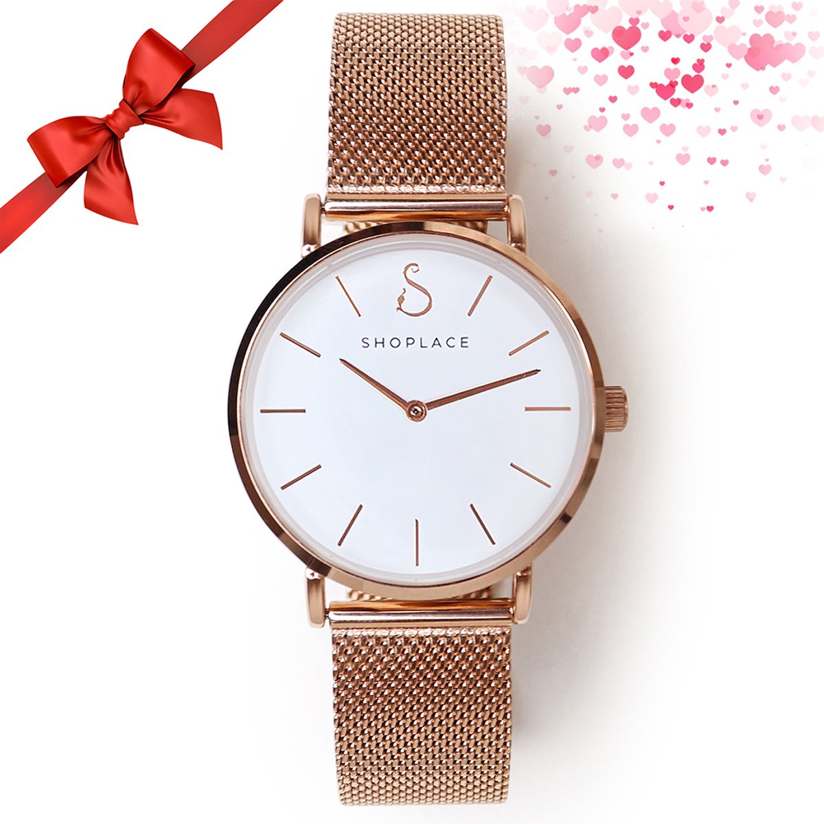 Shoplace Horloge dames met witte wijzerplaat - Horloges voor vrouwen - Polshorloge dames - Mesh band - RVS - Cadeau voor vrouw - Rosegoud - 36 mm