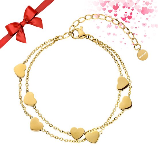 Shoplace Hartjes armband dames - Schakelarmband - Love - Cadeau voor vrouw - 15 t/m 20cm - Goudkleurig