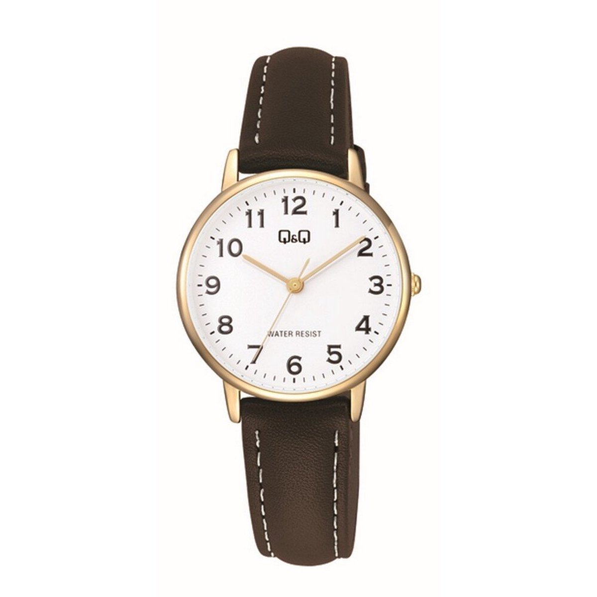 QQ C65A-003PY - Horloge - Polshorloge - Analoog - Dames - Vrouwen - Leren band - Rond - Metaal - Cijfers - Zwart - Goudkleurig