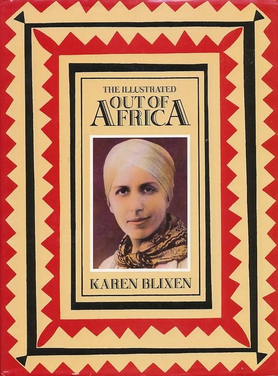 Boek 'The Illustrated Out of Africa' met portret van Karen Blixen in tulband en sjaal, omkaderd door rode en zwarte zigzagpatronen.