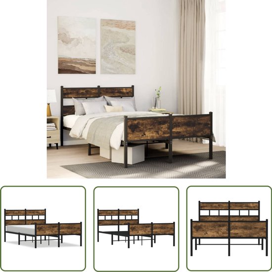Gecheer Bedframe eiken rook, 140 x 200 cm, van meerlaags hout, bedframe, tweepersoonsbed, eenpersoonsbed, houten platform