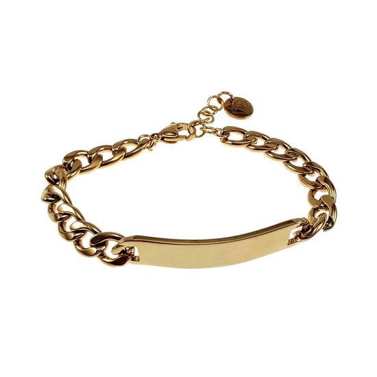 Bracelet Unisexe - Acier Inoxydable Plaqué Or - Bracelet à Maillons Cubains avec Plaque - Femme - Homme - Réglable de 15cm à 19cm