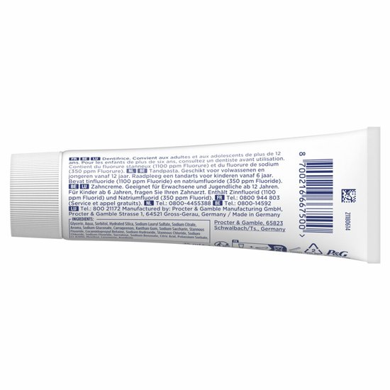 Achterkant van Oral-B Professional tandpastatube met ingrediënten en productinformatie in het Nederlands, Frans en Engels.