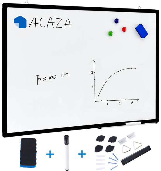 ACAZA Tableau blanc magnétique 70 x 100 cm avec bord noir - Tableau magnétique / Tableau mémo avec marqueur effaçable, effaceur et plateau pour marqueurs