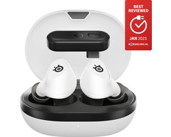 SteelSeries Arctis GameBuds White — Quick-Switch 2.4-GHz + Bluetooth 5.3 — Actieve Noisecancellation (ANC) — Mobiele app met audiopresets — Waterbestendig IP55 — 40 uur accuduur met Qi-oplaadcase — PC, PS4 & PS5