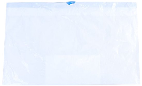 Een platte, witte absorberende zak met een lichtblauwe sluitstrip bovenaan.