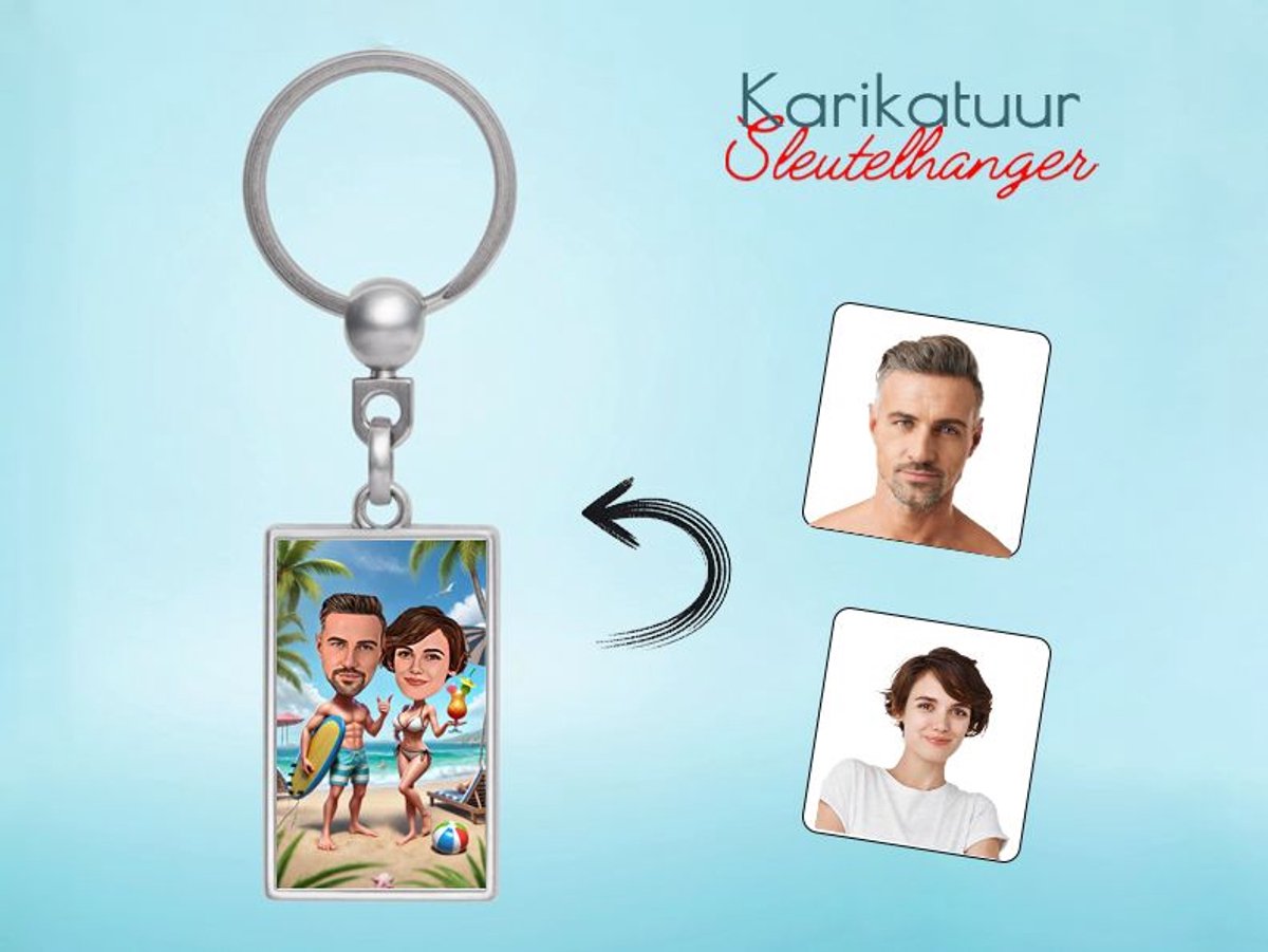 Zomers Strandavontuur met Jouw Gezicht - Gepersonaliseerde Karikatuur Sleutelhanger - Gepersonaliseerd Cadeau - Met Jouw Foto - Verjaardag - Kerst - Valentijn - Uniek en Handgemaakt - Cadeau - Verjaardag - Kerst - Kado - Valentijn - Huwelijk - Moeder