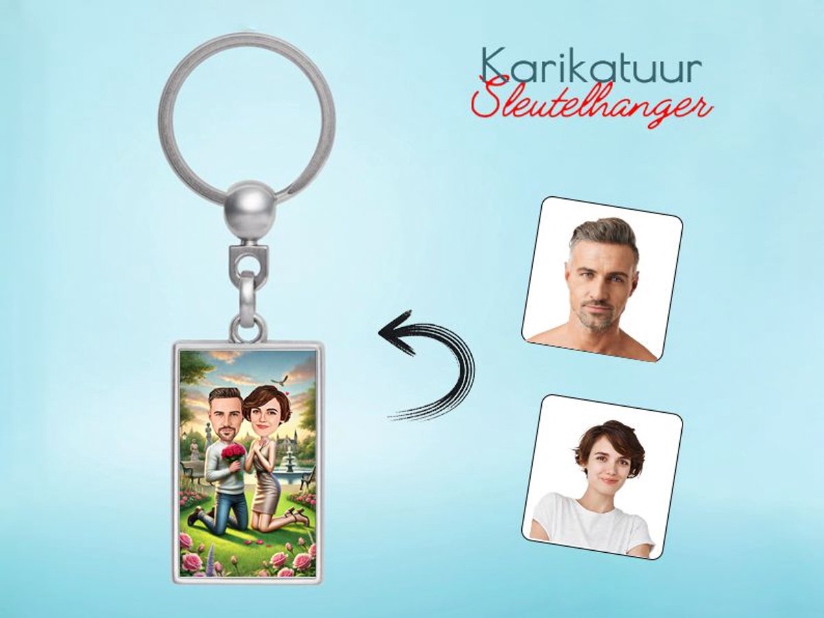 Huwelijksaanzoek in een Sprookjesachtig Park - Gepersonaliseerde Karikatuur Sleutelhanger - Gepersonaliseerd Cadeau - Met Jouw Foto - Verjaardag - Kerst - Valentijn - Uniek en Handgemaakt - Cadeau - Huwelijk - Moederdag - Vaderdag - Jubileum -