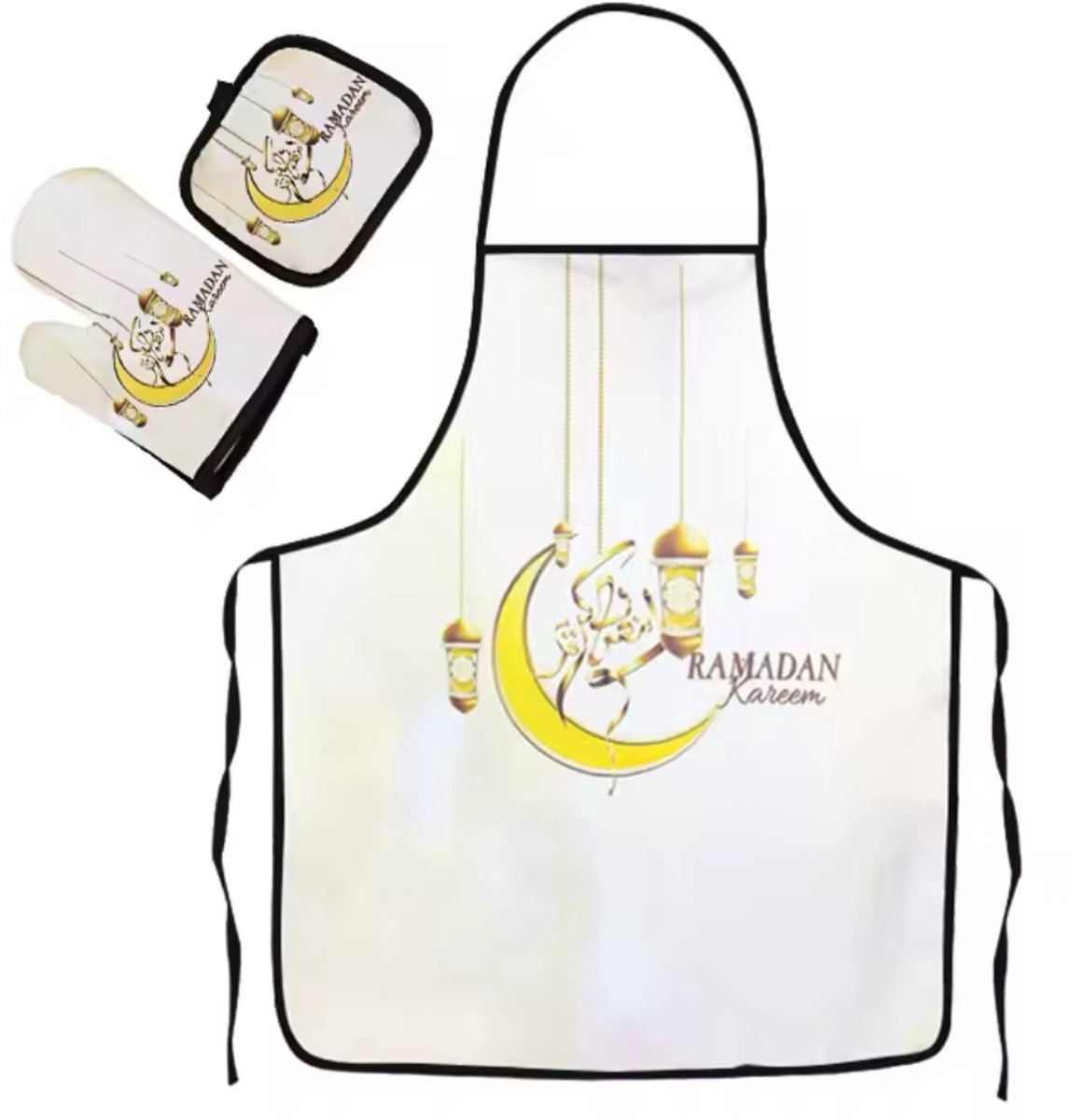 Younik - Ramadan - Keukenschort - 3-delig geschenk set - Ramadan kareem - Mubarak - pottenlap - ovenwand -wit