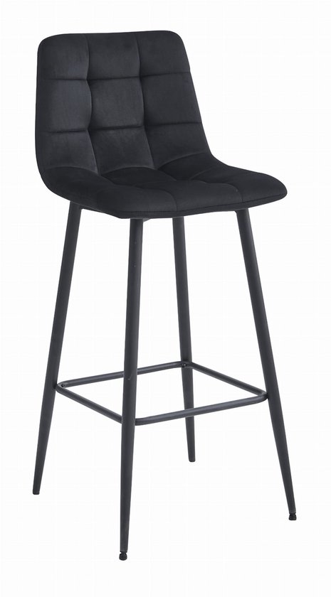 Tabouret de bar ARCETO - Velours Zwart , Pieds en métal noir, hauteur d'assise 76 cm, dossier, design ergonomique, max. 120 kg