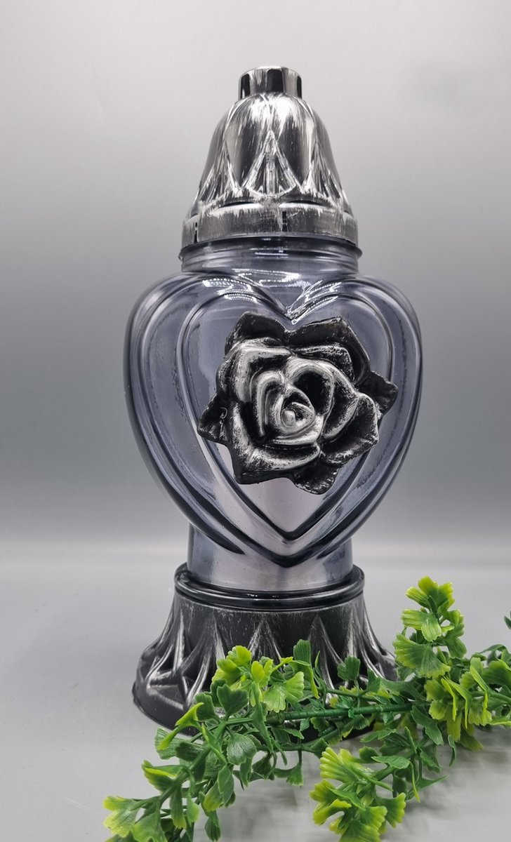 Herdenkingslicht - P39 - Zilver - Grijs glas - Roos (Rond) - Grafkaars – Graflicht – Graflantaarn – Grafdecoratie - Windlicht