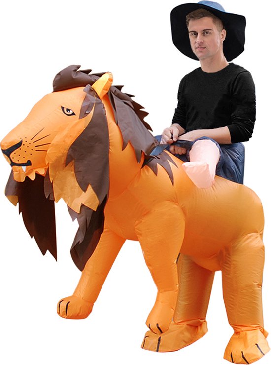 KIMU® Opblaas Kostuum Zittend Op Leeuw - Maat 122 128 134 140 146 152 -Opblaasbaar Pak - Leeuwenpak Mascotte Opblaaspak - Opblaasbare Tijger Safari Dames Heren Koningsdag