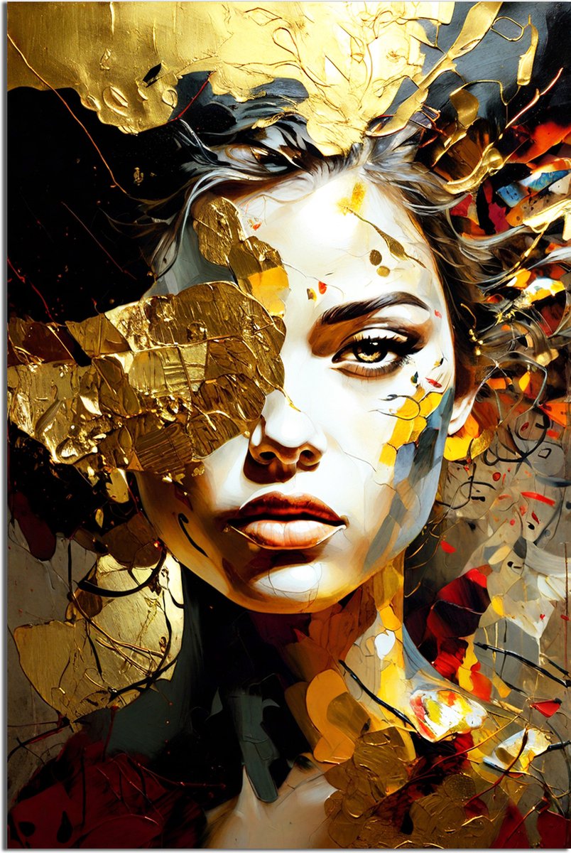 Glasschilderij Gouden Illusie Vrouw- 30 x 20 cm - Portret - Abstract - Acrylaat - Inclusief wandbevestiging - Foto op plexiglas - Wanddecoratie woonkamer