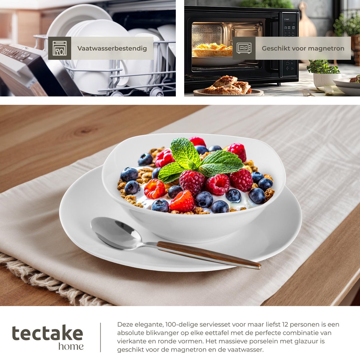 tectake® 100-delige Serviesset Salerno - Porseleinen Servies voor 12 Personen - Vaatwasser- en Magnetronbestendig - Bordenset - Wit — afbeelding 3