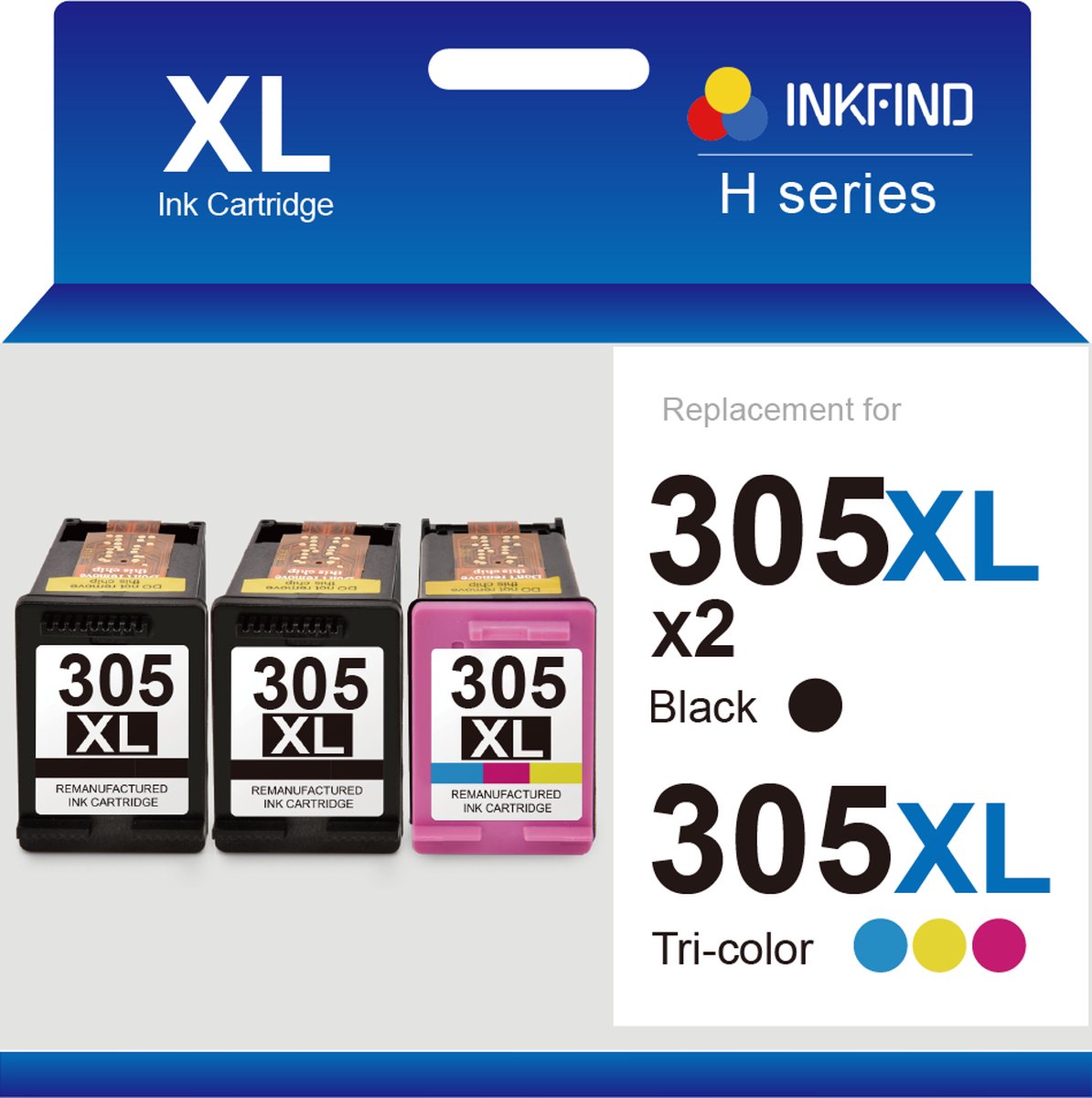 INKFIND 305XXL Extra Hoge Capaciteit (600 pagina's x 2 + 450 pagina's met 5% dekking) Geschikt voor HP305 HP305XL HP 305 HP 305XL 3YM62AE 3YM63AE Inktcartridge - 305XXL 3-pack (Zwart x 2 en Kleur x 1)
