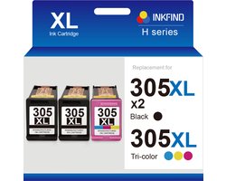 INKFIND 305XXL Extra Hoge Capaciteit (600 pagina's x 2 + 450 pagina's met 5% dekking) Geschikt voor HP305… - 305XXL 3-pack (Zwart x 2 en Kleur x 1)