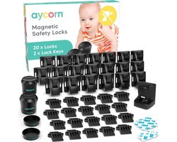 AYCORN Magnetisch Kinderslot Kastjes – 20 Sloten en 2 Sleutels – Baby Peuter Magneet Beveiliging voor Kast, Deur en Lade – Incl Instructievideo – Geen Boor of Schroeven - Zwart