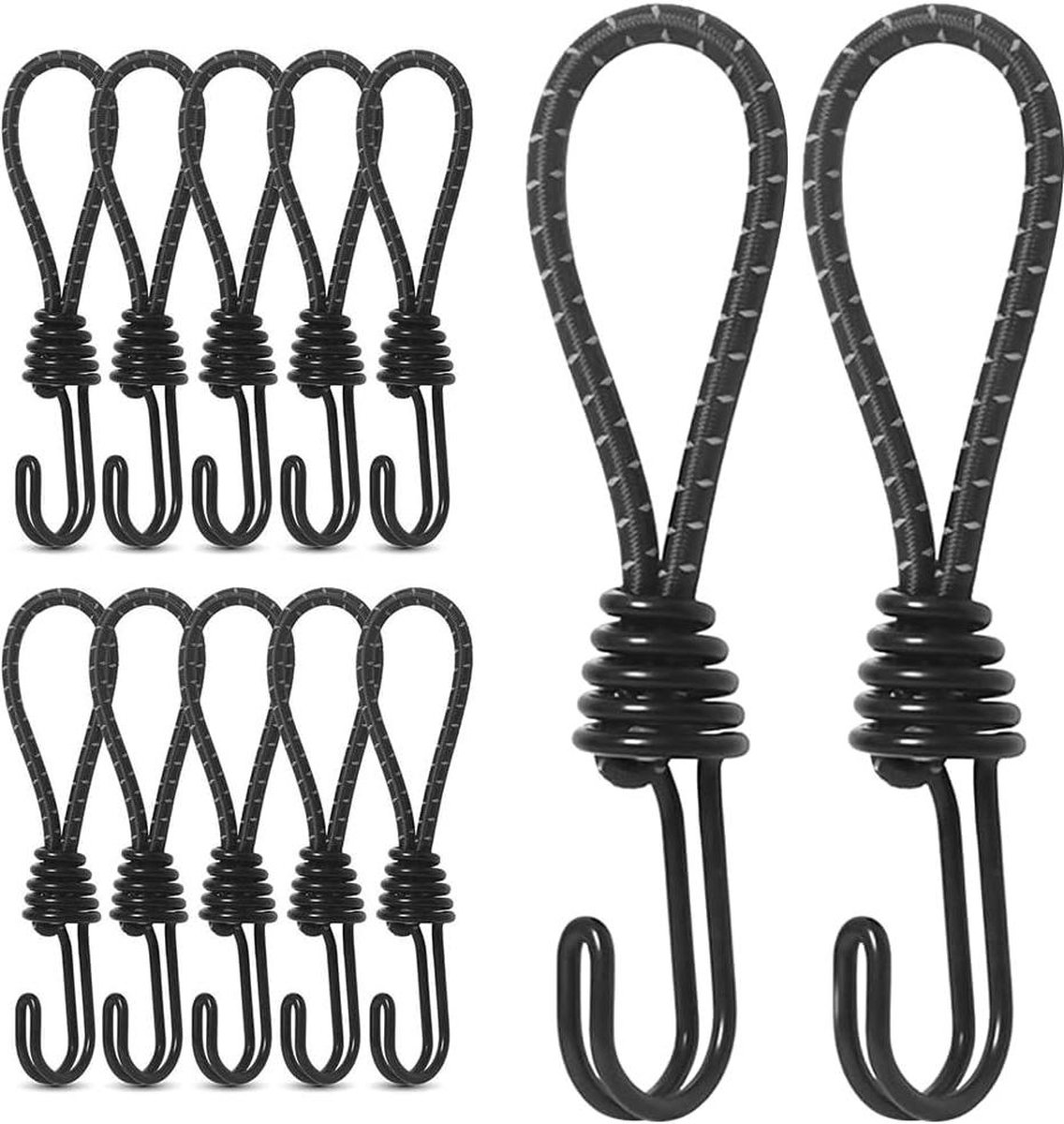 Elastische koorden 12 stuks 20 cm rubber spanbanden met karabijnhaak - netspanner voor camping bagage dekzeilen - zwart .