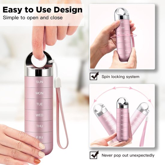 Pilulier de Voyages en métal – Pilulier hebdomadaire portable et étanche – Grand pilulier en alliage d'aluminium – Pour Vitamines, huile de poisson et compléments alimentaires – Rose