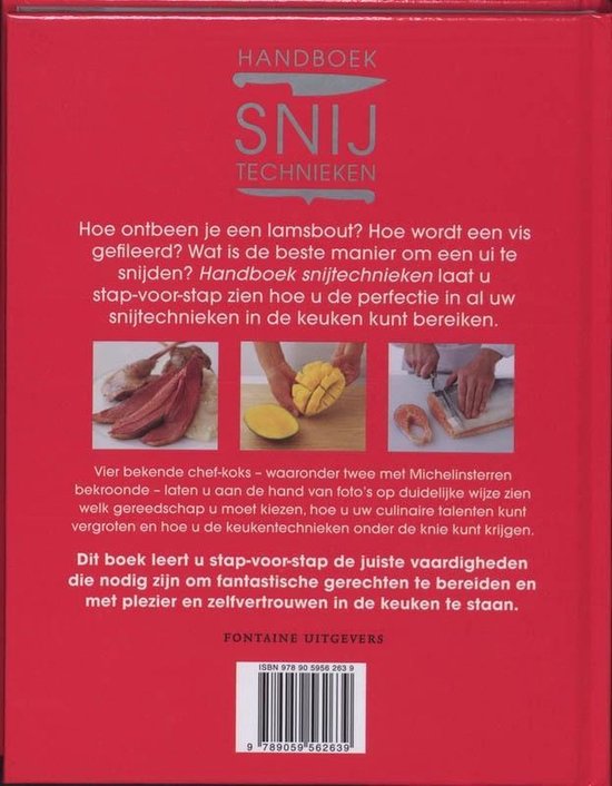 Boekomslag met tekst 'Handboek Snij Technieken' en afbeeldingen van lamstong, mango en visfilet.