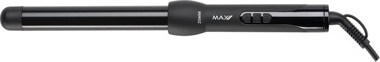 Zwarte Max Pro twist krultang met 25mm diameter op een witte achtergrond.
