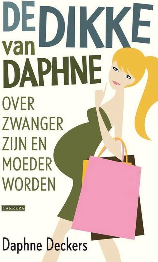 Boekomslag 'De dikke van Daphne' met getekende zwangere vrouw met boodschappentassen.