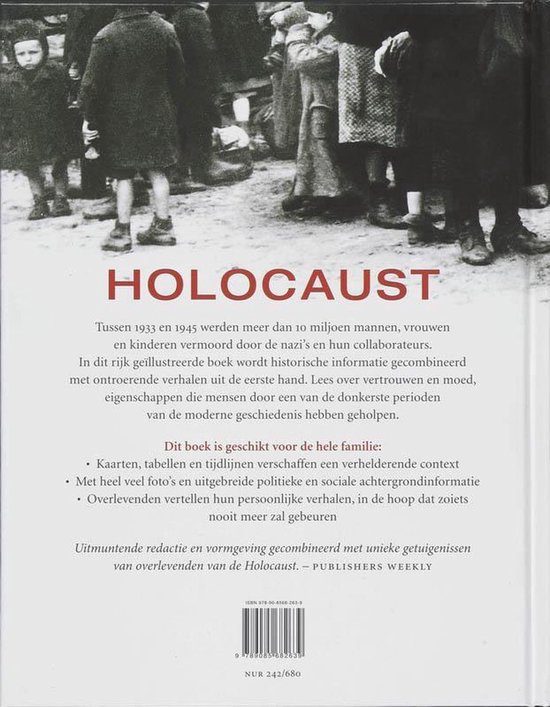 Boekomslag "HOLOCAUST" met afbeelding van een groep mensen, waaronder kinderen, en beschrijvende tekst in het Nederlands.