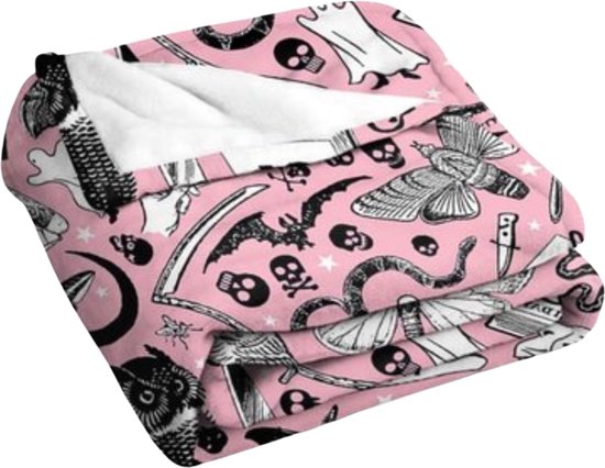 Halloween Fleece Knuffeldeken - Zachte Warme Sprei met Zwarte Kat - 150 x 200 cm - Roze