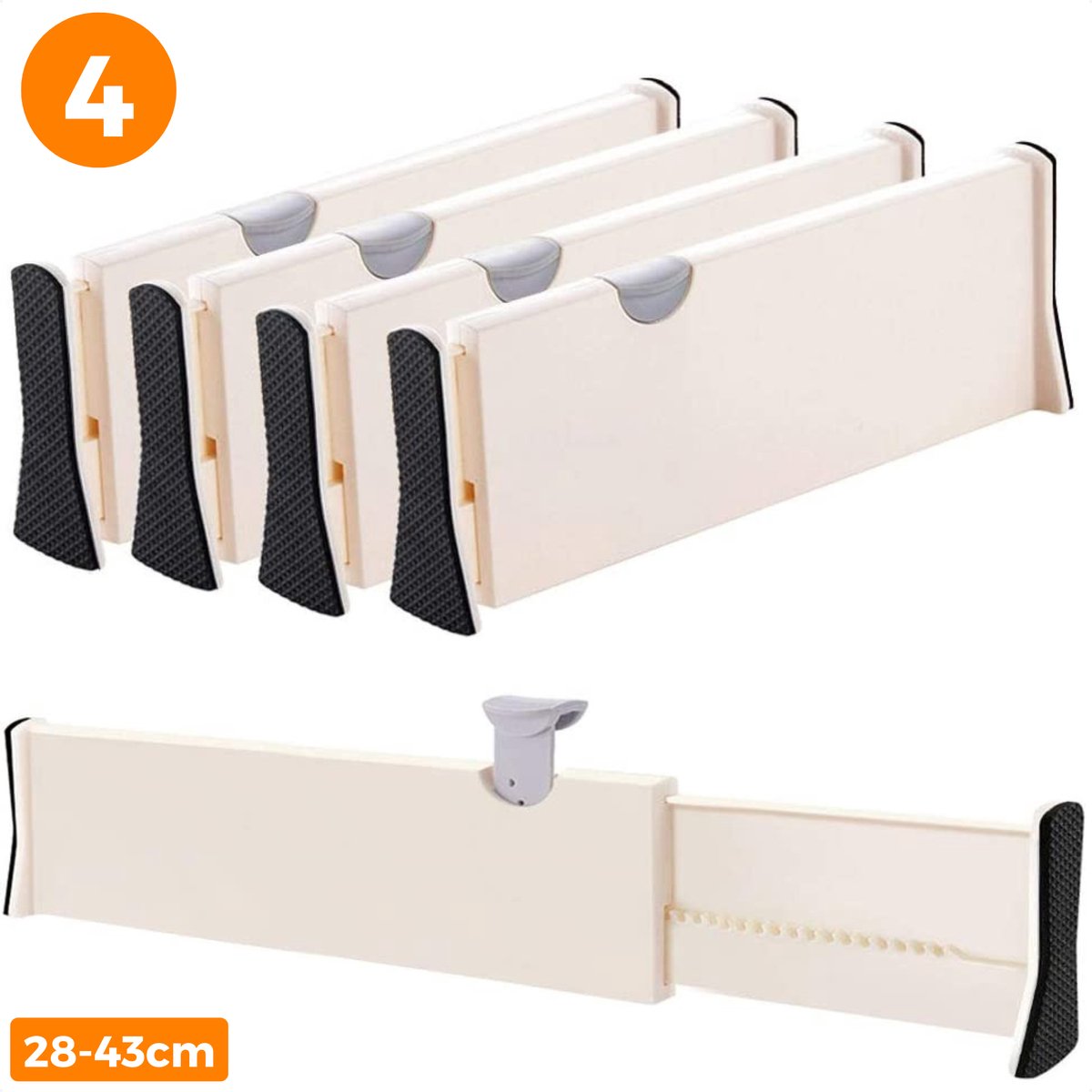 Posity Ladeverdeler - Verstelbaar & Uitschuifbaar - 4 Stuks - Lade Organizer - 28-43,5 cm - Voor Keuken, Slaapkamer & Kleding - Kunststof - Wit