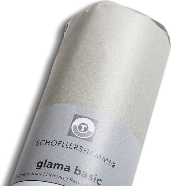 Een rol Schoellershammer glama basic tekenpapier in lichtgrijs metallic, met een label waarop "glama basic" staat.