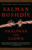 Boekomslag van "Shalimar the Clown" door Salman Rushdie. De titel en auteur staan in rode letters op een zwarte achtergrond. Een stuk touw is in het midden gebroken.