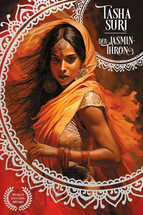 Vrouw met oranje sjaal en traditionele sieraden, met "Tasha Suri Der Jasmin-Thron" en "World Fantasy Award" op de omslag.