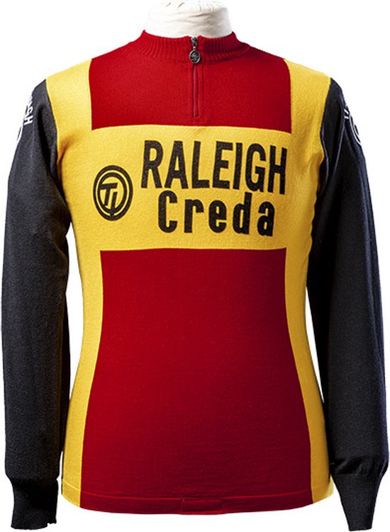 Maillot de cyclisme vintage des années 70 en mélange de laine rouge : bordure arc-en-ciel, taille L - France