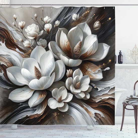 Rideau de douche avec magnolias blancs, accents d'aquarelle marron et gris.