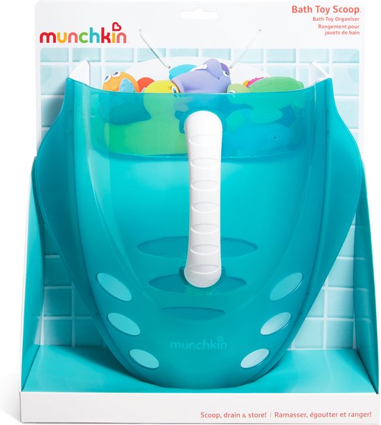 Blauwe badspeelgoed organizer in verpakking, met diverse speeltjes bovenin, Munchkin logo en tekst.