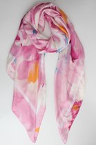 Romy scarf- Accessories Junkie Amsterdam- Dames- Lange sjaal- Zijdelook- Glanzend- Cosy chic- Cadeau- Fantasie print- Luxe- Roze oranje