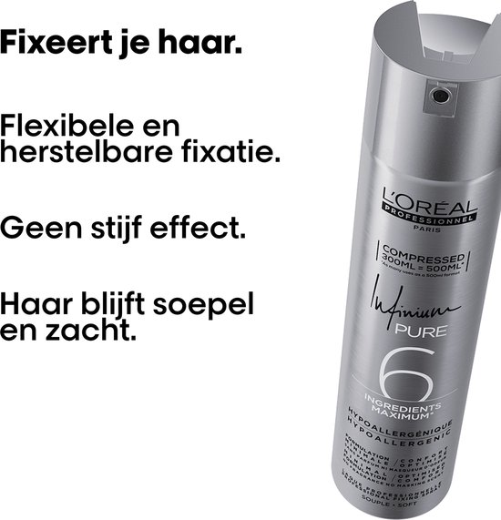 Zilverkleurige spuitbus L'Oréal Infinium Pure, 6 ingrediënten maximum. Zorgt voor flexibele fixatie zonder stijf effect.