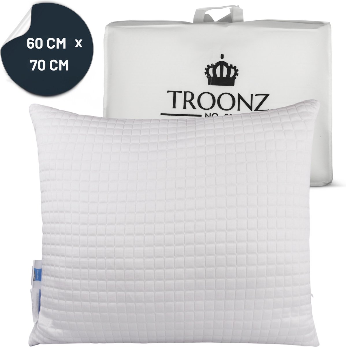 Troonz® Hoofdkussen Verkoelend One - Ergonomisch Nekklachten Slaapkamer Hoofdkussens - Op maat verstelbaar - Voor rug, zij en buikslapers - Goede ventilatie 60 x 70 cm - - opbergtas