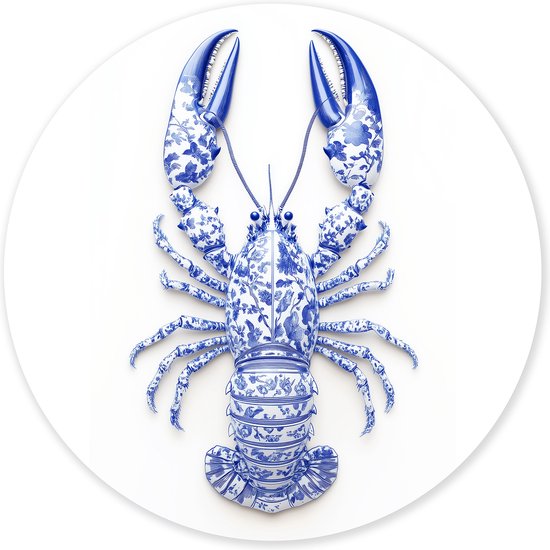 Graphic Message - Wandcirkel - Kreeft Delfts blauw - Wit - Kobalt - Kobaltblauw - Restaurant - Hotel Chique - Donkerblauw - Krab - Lobster - Kunst Muurcirkel - Wooncirkel 90cm - Print op Cirkel - Wanddecoratie Woonkamer