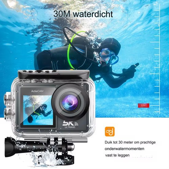 Jadfezy Actiecamera 1080P, 12 MP en groothoek, 30 m onderwatercamera met 2 x 900mAh batterijen met grote capaciteit en montageaccessoires voor helm en fiets enz
