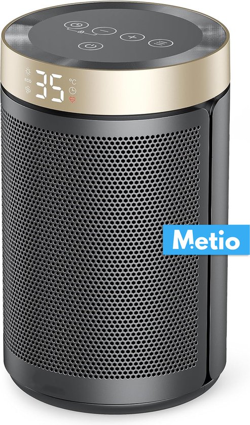 METIO - Elektrische Kachel – Draagbare Ruimteverwarmer met Thermostaat & Timer (1-12 u) – 1500W PTC Keramisch – Eco- & Ventilatormodus – Atom 316 – Goud