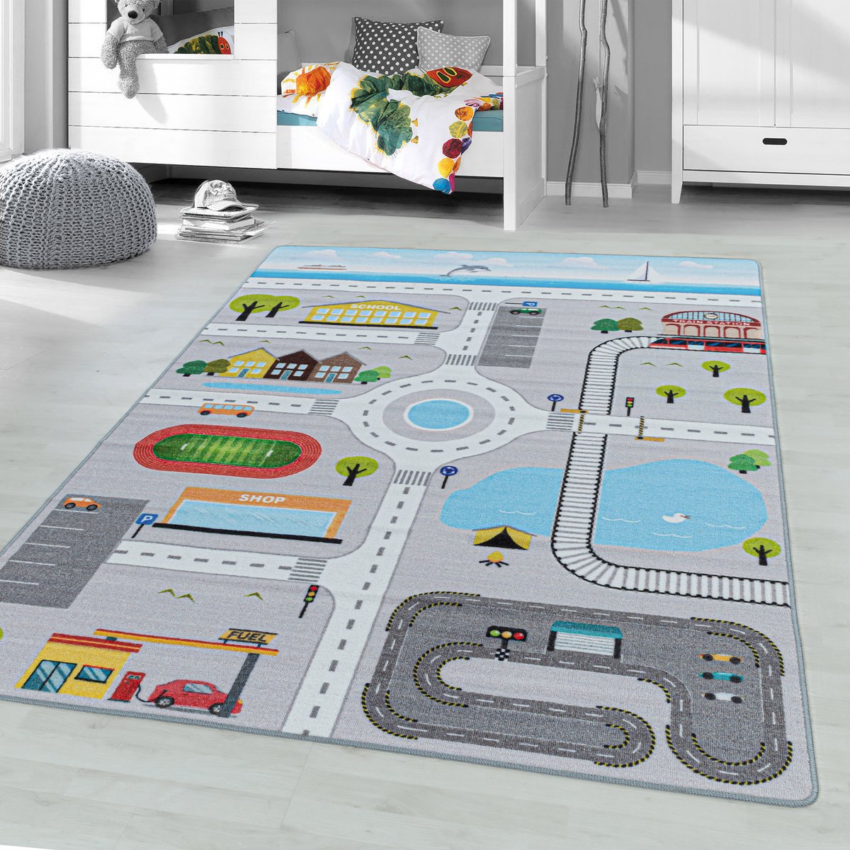 Flycarpets Kindervloerkleed - Speelstraat - Grijs 100x150 cm