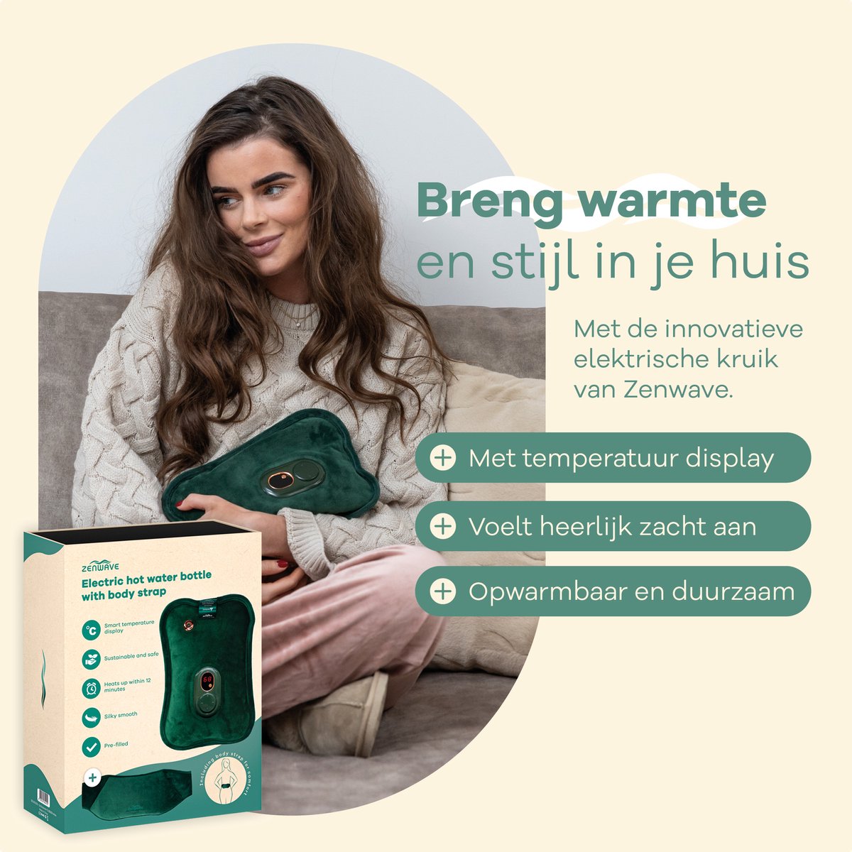 Zenwave Elektrische Kruik met Hoes - Digitaal Display - Warmtekruik & Waterkruik met Handwarmers - Oplaadbare Warmtekussen - Menstruatie Warmteband - Duurzaam & Draadloos - Kamperen & Outdoor - Warmwaterkruik Groen – foto 4
