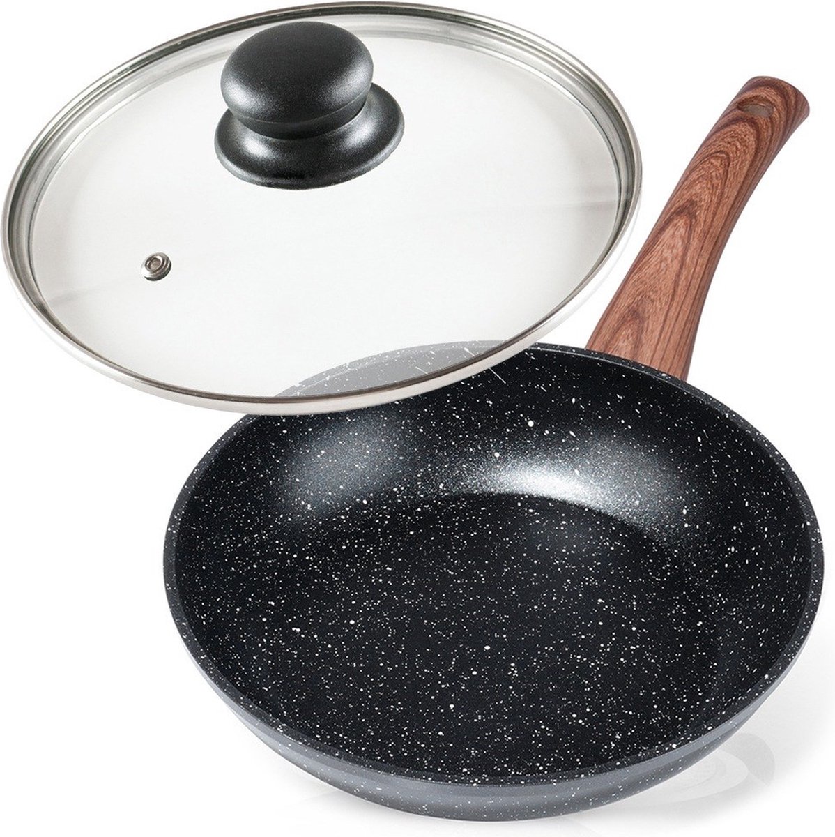 Koekenpan Graniet met Glazen Deksel BLACK&WOOD 20 cm - Multifunctionele Pan voor Vlees - Groenten