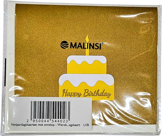 Verpakte gouden verjaardagskaart met een gele en witte taartillustratie en 'Happy Birthday'-tekst. Merk Malinsi.