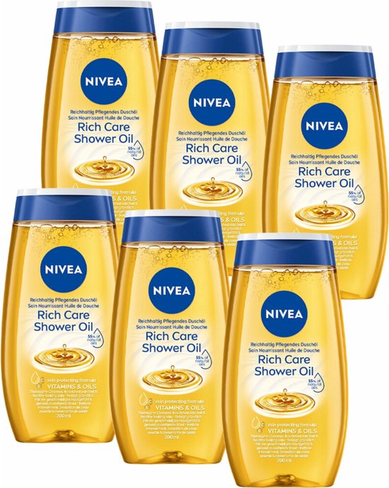 Zes flessen NIVEA Rich Care Shower Oil met blauwe dop. De gele flessen hebben tekst en een afbeelding van een druppel olie.