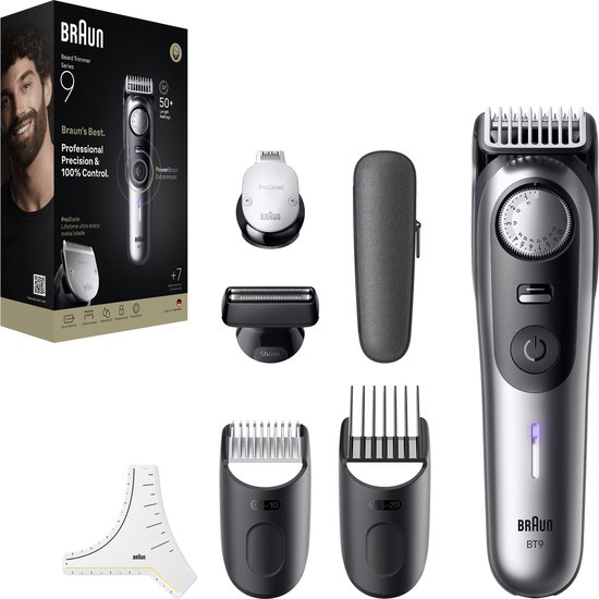 Braun Tondeuse À Barbe Series 9 BT9520 + 7 Outils De Barbier - ProBlade - 52 Longueurs - Chrome