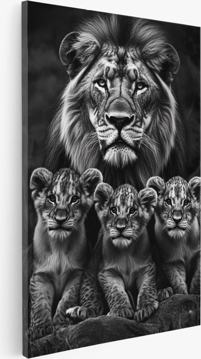 Saammp Canvas Schilderij - Leeuw met 3 welpen - Natuur - Dieren - 50x70 - Foto op canvas - Wanddecoratie - Muurdecoratie Woonkamer - Slaapkamer decoratie - Canvas Print Multicolor
