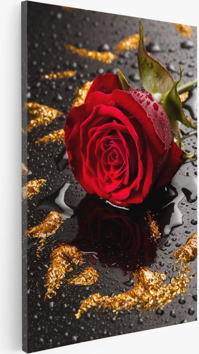 Saammp Canvas Schilderij - Rode Roos met goud - Bloemen - Abstract - 50x70 - Foto op canvas - Wanddecoratie - Muurdecoratie Woonkamer - Kantoor Decoratie Multicolor