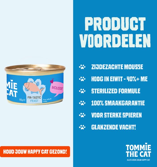 Blikje 'Mie Cat Fin-tastic Feast Mousse' met visafbeelding, naast productvoordelen.
